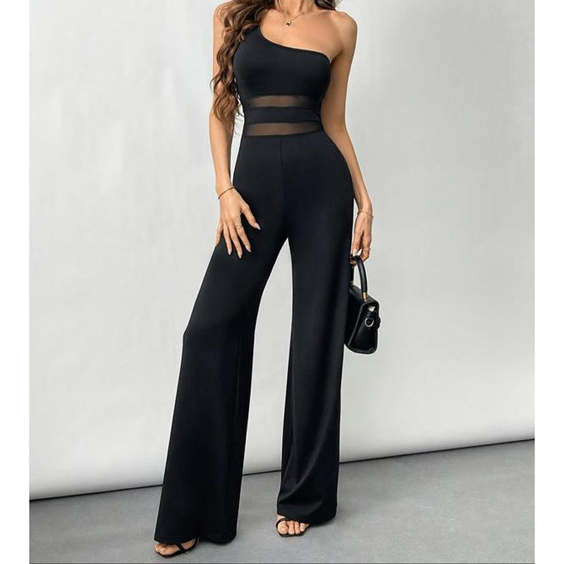 🔥Solange der Vorrat reicht 40 % Rabatt!🎉One-Shoulder Jumpsuit mit weitem Bein und Netzeinsatz