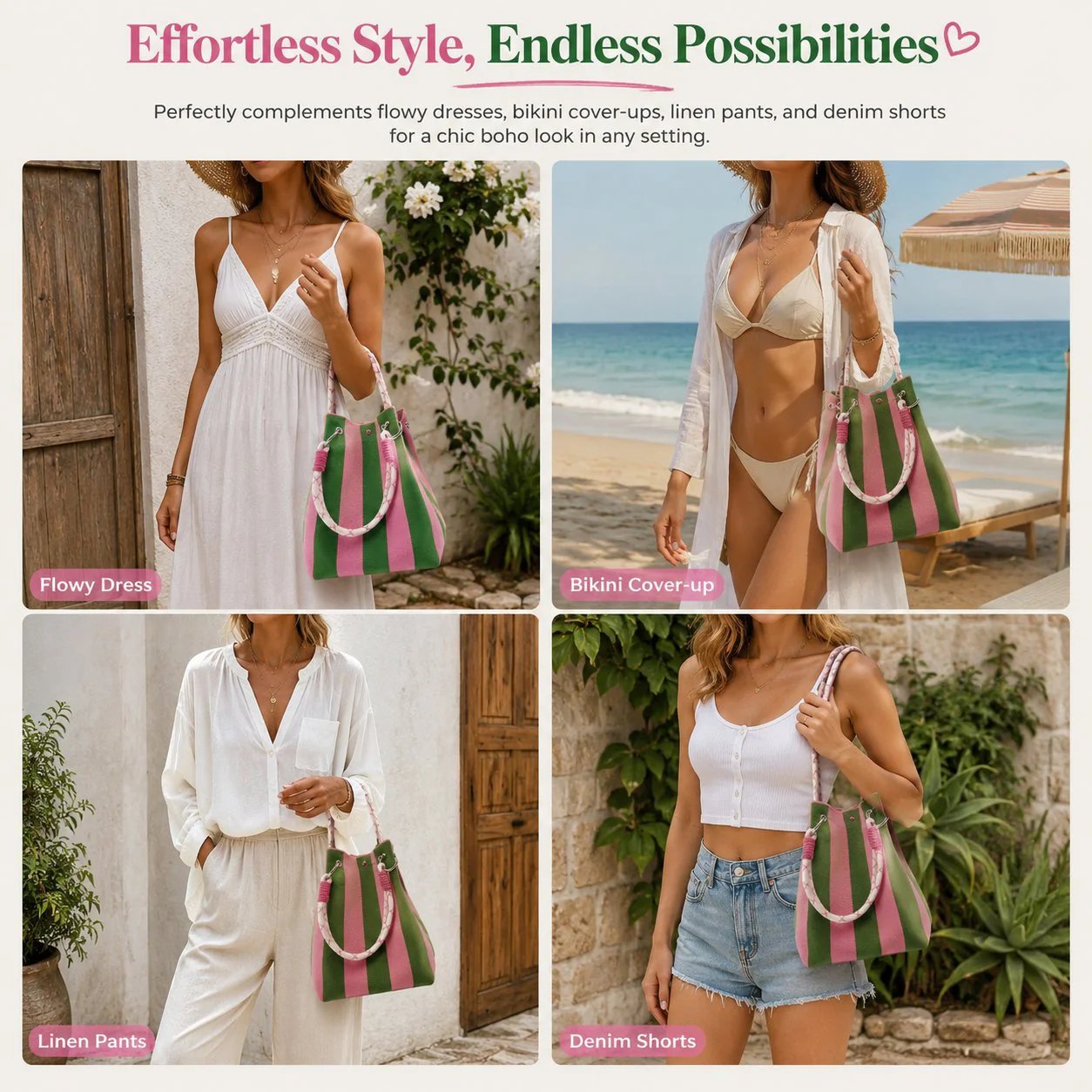 🌴 Boho Gestreifter Strick-Bucket-Bag für Damen – Handgemachte Sommer-Strand-Umhängetasche