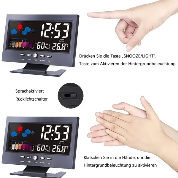 🔥bestes Geschenk-45% Rabatt🔥Digitaler LED-Temperatur- und Luftfeuchtigkeitsmonitor, Wettervorhersage, LED-Tischwecker
