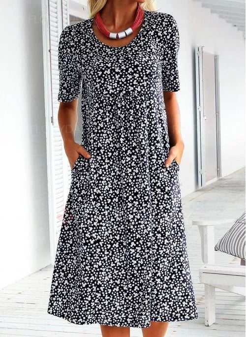 Lässiges Baumwollkleid mit U-Ausschnitt und Blumenmuster für Damen (8 Farben mit Taschen)