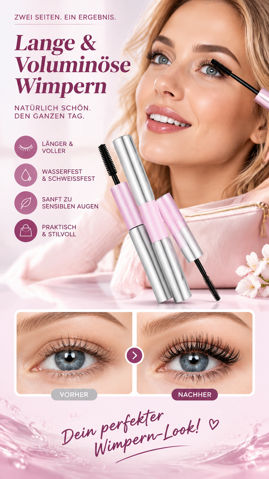 Wasserdichte Mascara mit zwei Bürsten für mehr Volumen und Länge-Gcom