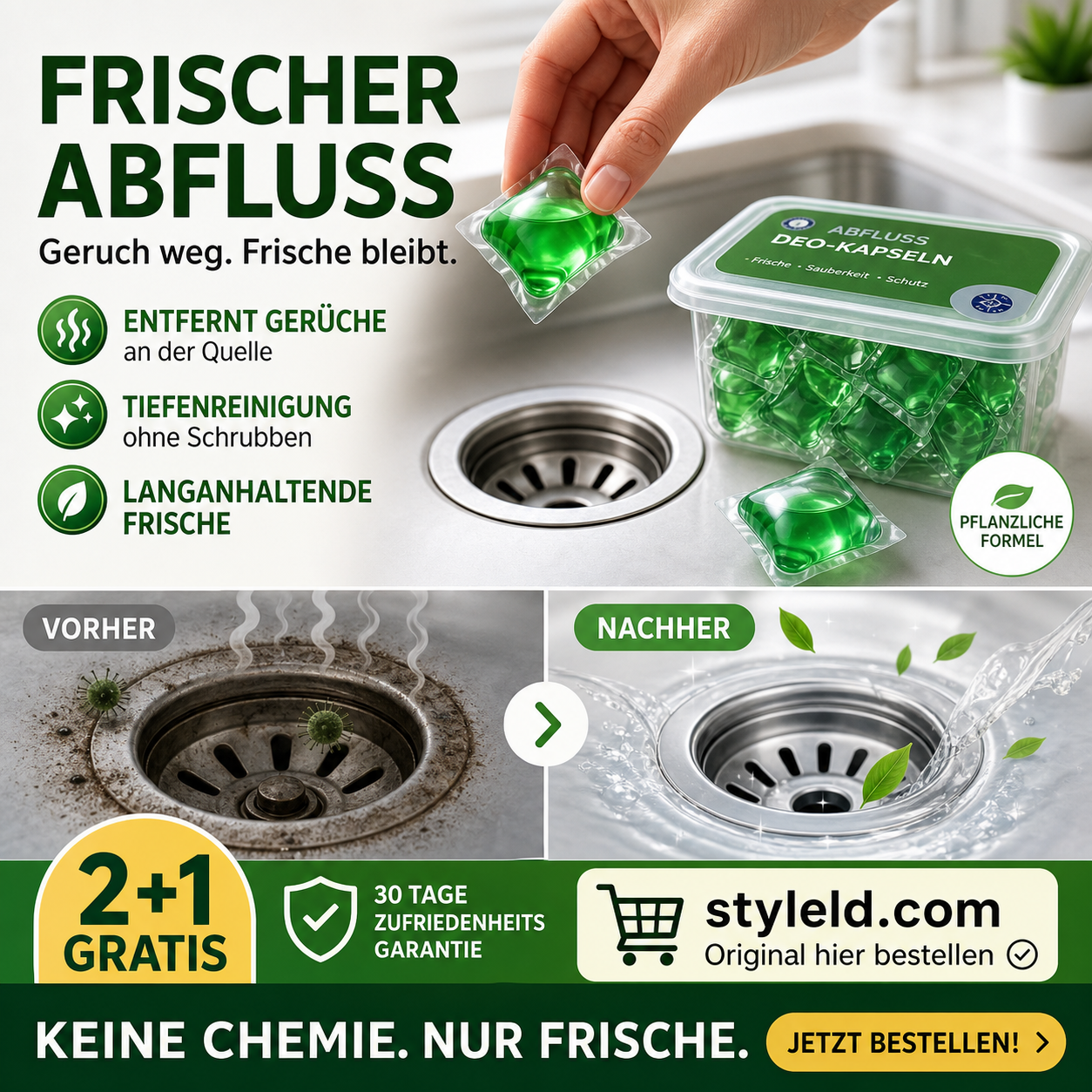 🏠💧 50 % Rabatt! Abfluss‑Deodorant‑Tabs – Bio‑Enzym‑Formel neutralisiert Gerüche direkt an der Quelle. Sofortiger Frischeduft, ohne aggressive Chemikalien. Verabschieden Sie sich von unangenehmen Gerüchen. 🚰✅