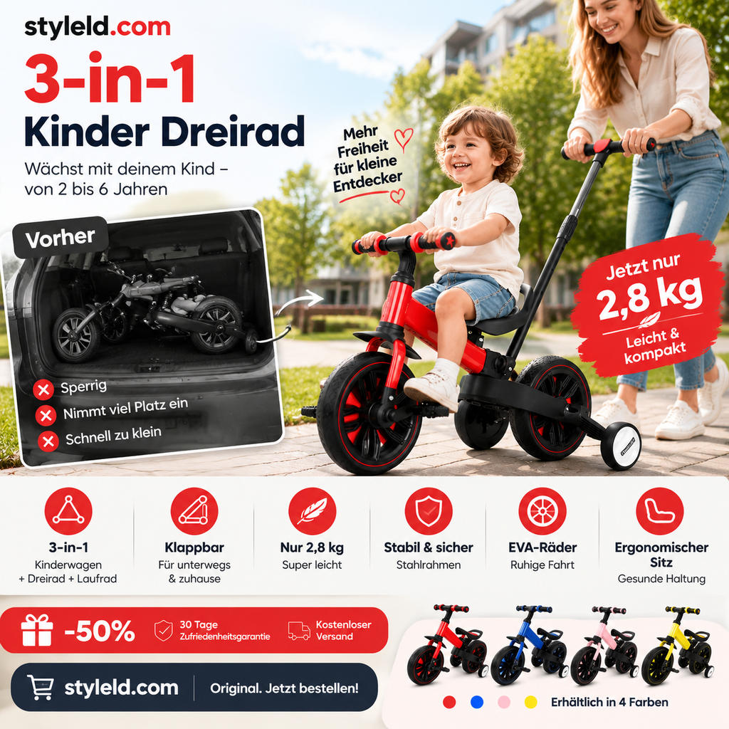 💥 50% Rabatt! 🚲 3-in-1-Kinderdreirad – Kinderwagen, Dreirad & Laufrad. Leicht (2,8 kg) & faltbar. Hochfester Kohlenstoffstahl, EVA-Räder. Für 2–6 Jahre, max. 90 kg. Rot/Blau/Rosa/Gelb 🛡️