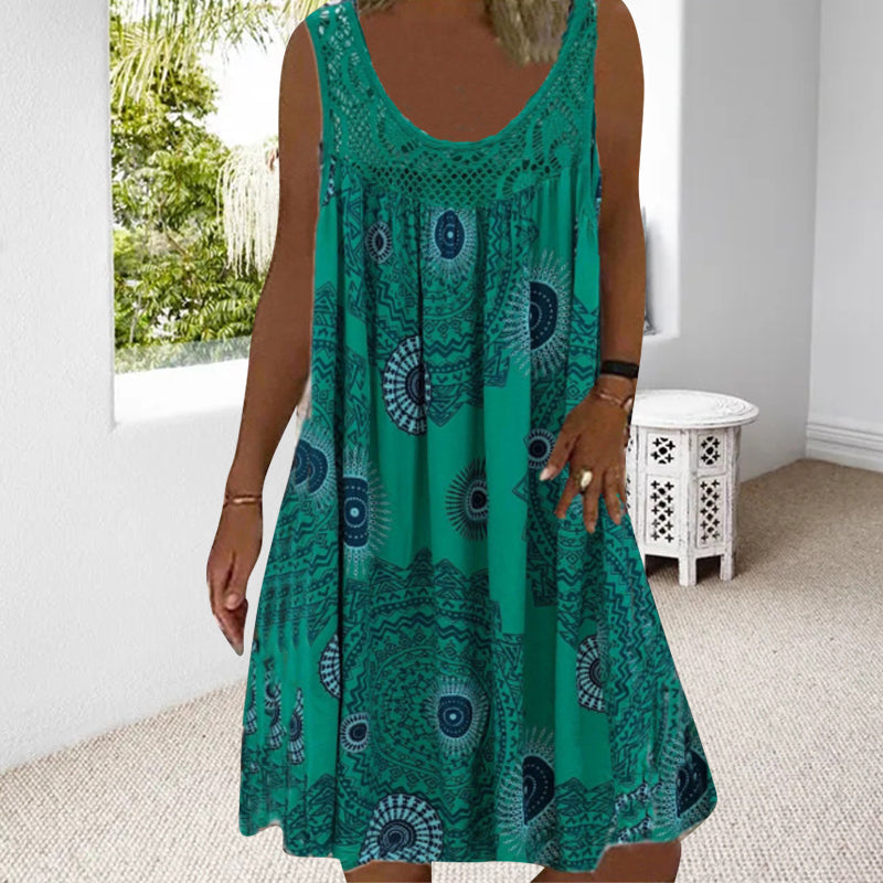 🎁Heißer Verkauf 50% AUS⏳Damen Sommer O-Ausschnitt ärmellosem Druck Kleid