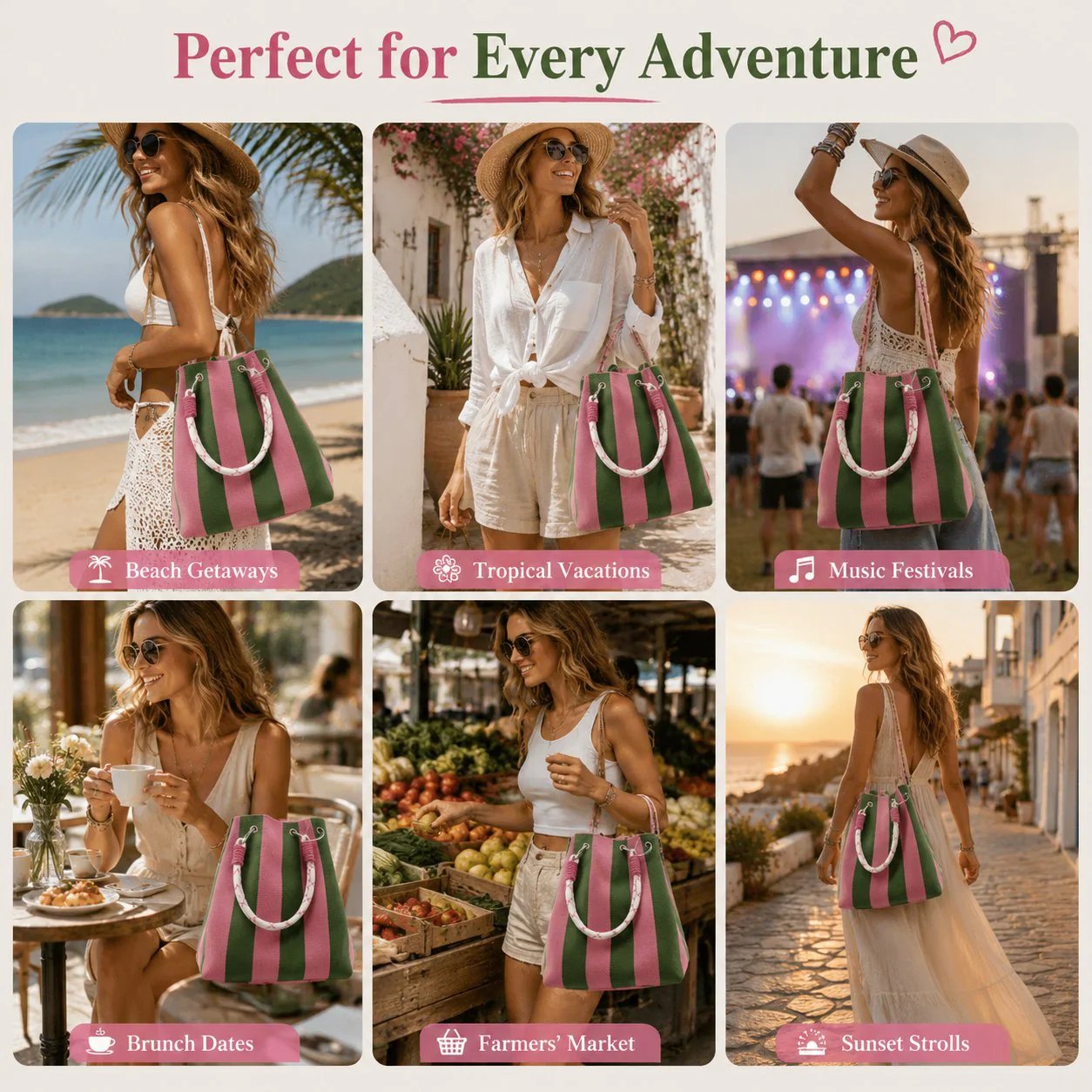 🌴 Boho Gestreifter Strick-Bucket-Bag für Damen – Handgemachte Sommer-Strand-Umhängetasche
