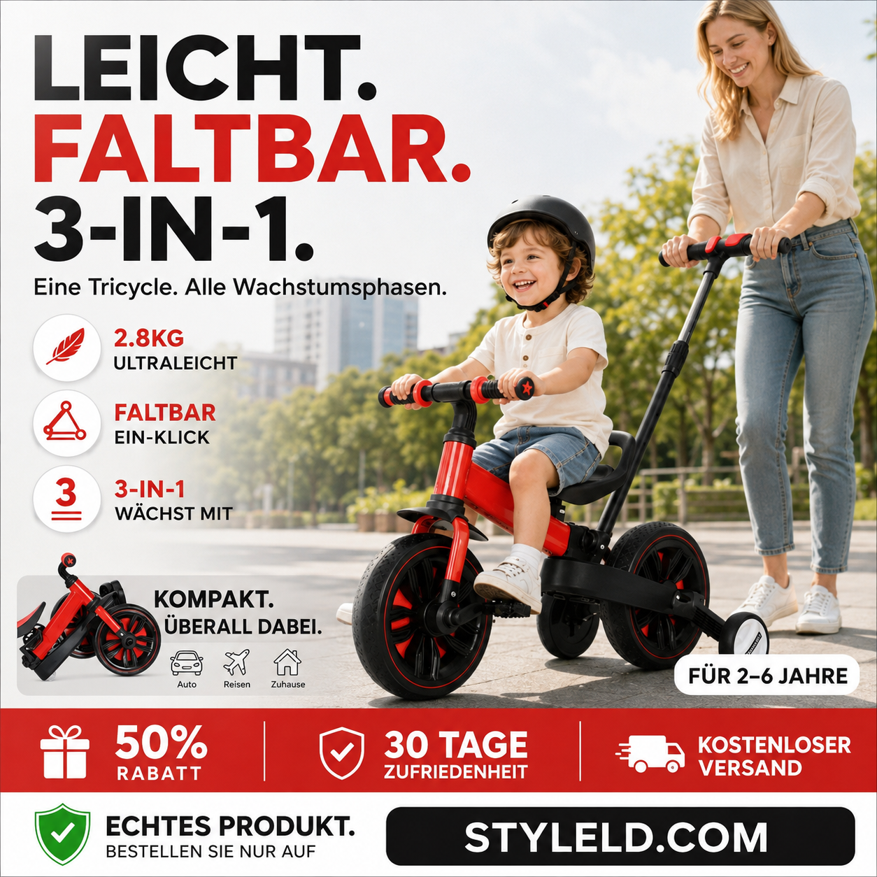 💥 50% Rabatt! 🚲 3-in-1-Kinderdreirad – Kinderwagen, Dreirad & Laufrad. Leicht (2,8 kg) & faltbar. Hochfester Kohlenstoffstahl, EVA-Räder. Für 2–6 Jahre, max. 90 kg. Rot/Blau/Rosa/Gelb 🛡️