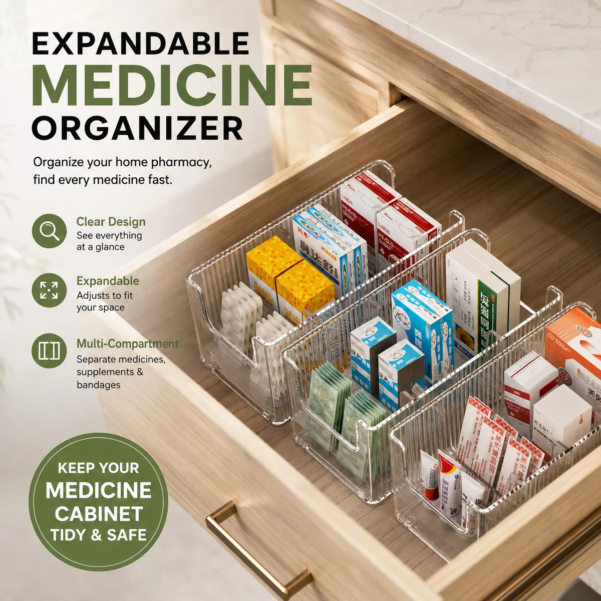 🔥 Transparenter ausziehbarer Medikamentenorganizer — ausziehbar, perfekt für einen aufgeräumten Medikamentenschrank 💊🗄️