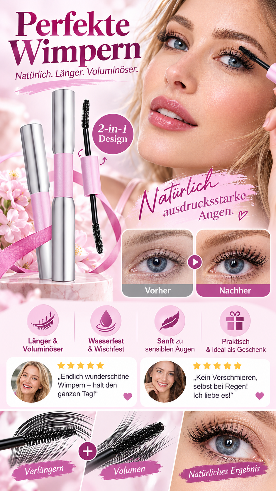 Wasserdichte Mascara mit zwei Bürsten für mehr Volumen und Länge-Gcom