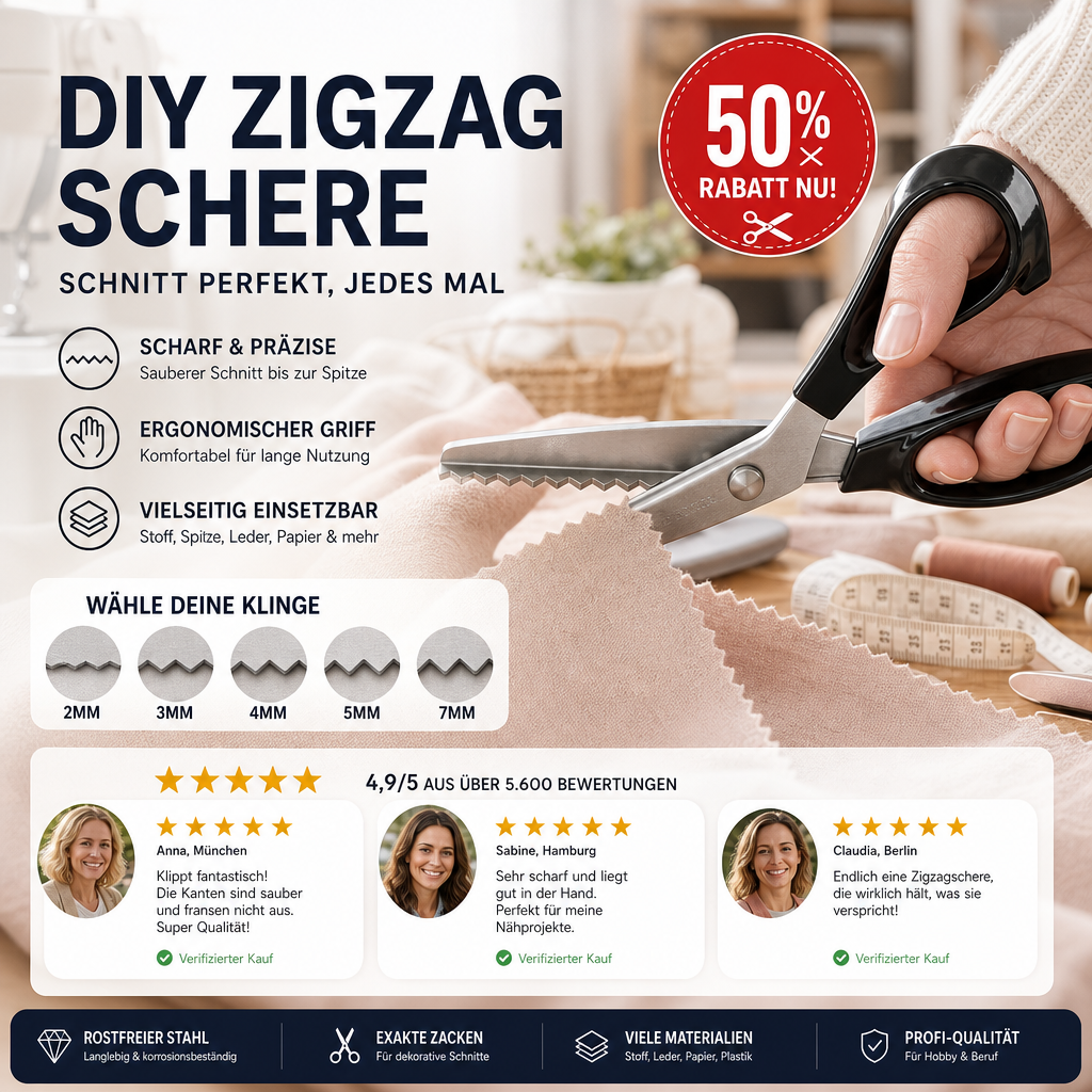 ✂️Jetzt 50 % Rabatt! DIY-Nähschere mit Wellenschliff – Zickzack-Schere, Stoffschneidewerkzeug gegen Ausfransen für Stoff, Papier und Bastelprojekte