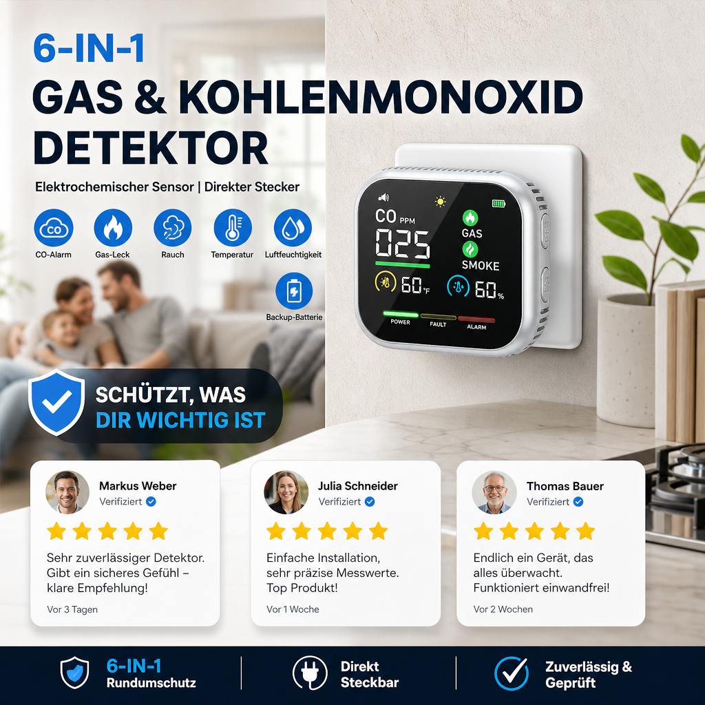❄️Sommerfrische 50 % Rabatt!🏠Multigas-Alarm mit LCD-Display – CO-, Gas- und Rauchmelder mit Temperatur-, Luftfeuchtigkeits- und Batterie-Backup