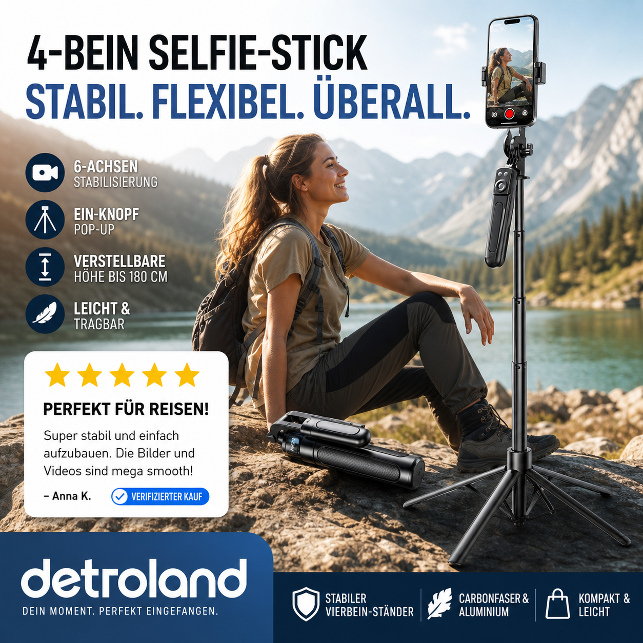 📱 4-beiniger Selfie-Stick für Smartphones – stabiler Stand, flexibel einsetzbar & vielseitig – perfekt für Selfies, Gruppenfotos, Vlogs & Videoanrufe – kompakt & leicht zu transportieren | Versandfrei