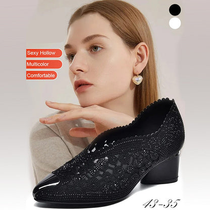 👡Slipper aus Mesh mit Kristallen und dickem Absatz