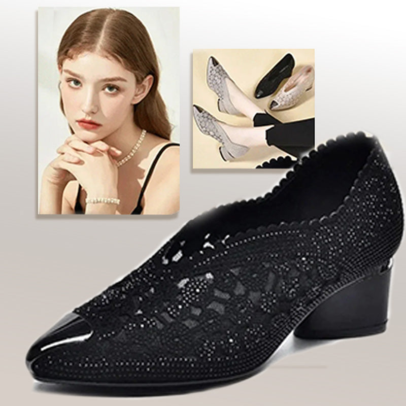 👡Slipper aus Mesh mit Kristallen und dickem Absatz