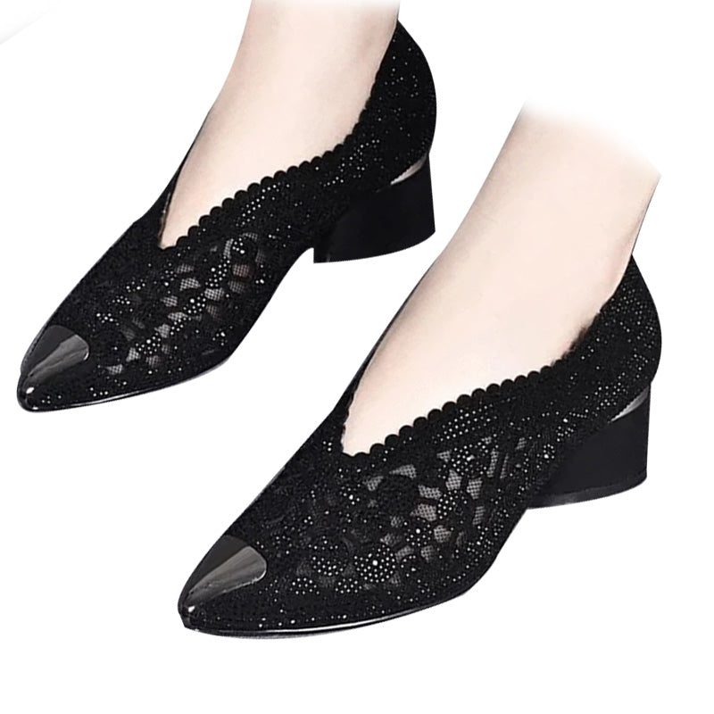 👡Slipper aus Mesh mit Kristallen und dickem Absatz