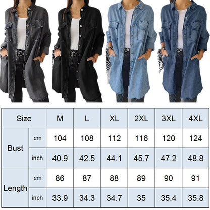 Bequemes Revers-Mantelhemd aus Denim-Imitat für Damen