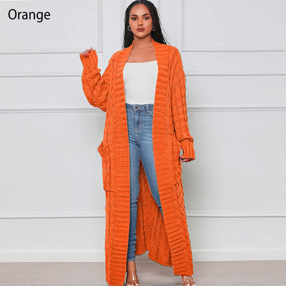 Langer Zopfmuster-Cardigan mit Taschen für Damen