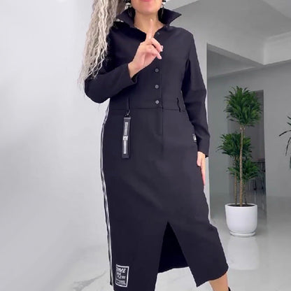 Langärmliges Button-Down-Kleid mit Schlitz für Damen