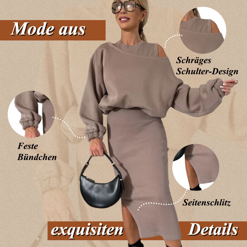 🍂Damen-Set mit Sweatshirt mit schrägen Schultern und ärmellosem Kleid🌸