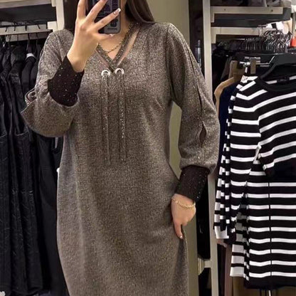 🎅Weihnachtsaktion🎁Langärmeliges Kleid mit V-Ausschnitt und Kordelzug für Frauen