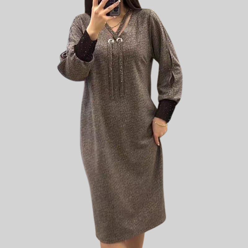 🎅Weihnachtsaktion🎁Langärmeliges Kleid mit V-Ausschnitt und Kordelzug für Frauen