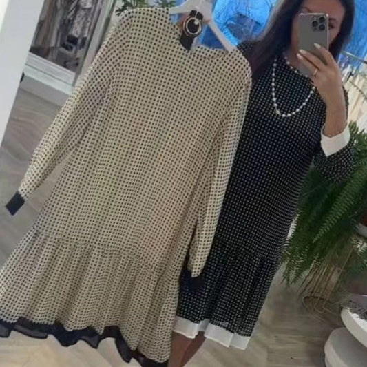 🔥Elegantes Damenkleid mit Rundhalsausschnitt und langen Ärmeln und Punkten