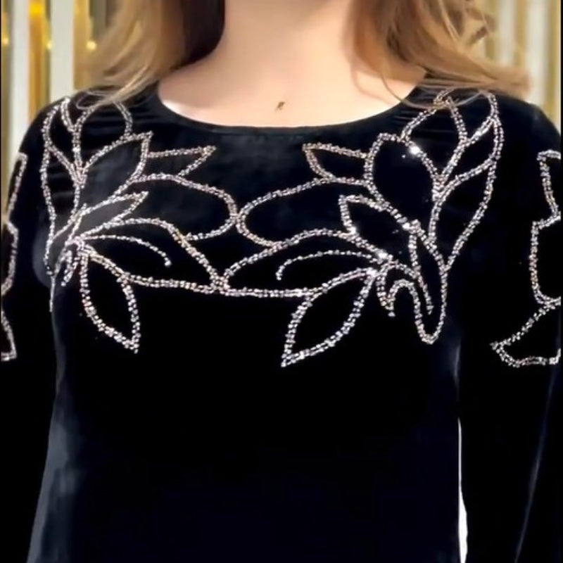Funkelndes Maxikleid mit Rundhalsausschnitt und langen Ärmeln