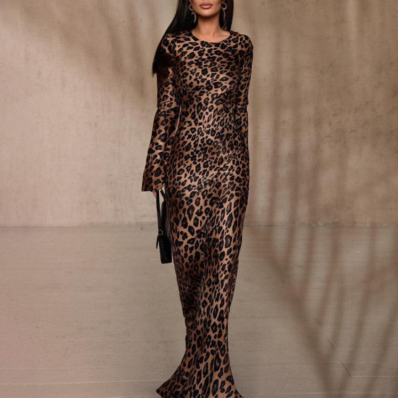 Women's Sexy Leopard Dress with Round Neck & Extra Long Sleeves