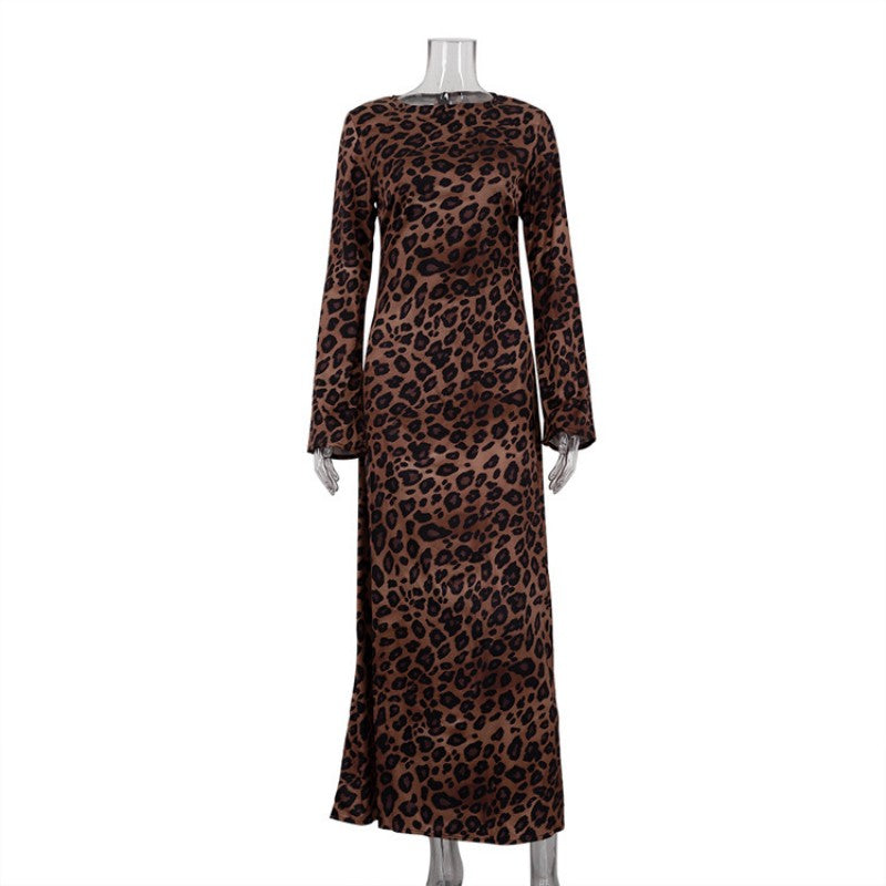 Women's Sexy Leopard Dress with Round Neck & Extra Long Sleeves