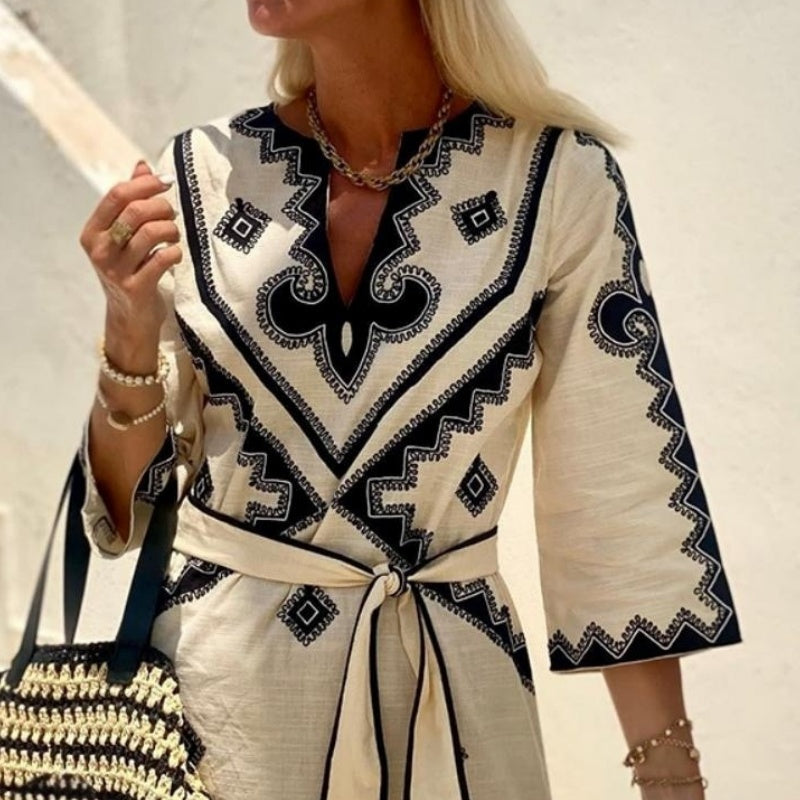 Boho-Kleid mit V-Ausschnitt und Gürtel für Damen mit ethnischem geometrischem Druck