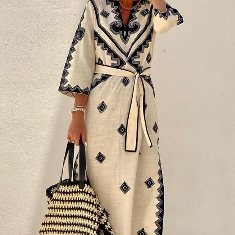 Boho-Kleid mit V-Ausschnitt und Gürtel für Damen mit ethnischem geometrischem Druck