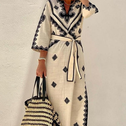 Boho-Kleid mit V-Ausschnitt und Gürtel für Damen mit ethnischem geometrischem Druck