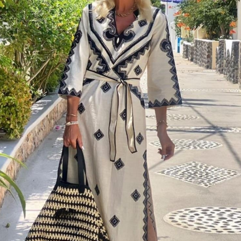 Boho-Kleid mit V-Ausschnitt und Gürtel für Damen mit ethnischem geometrischem Druck