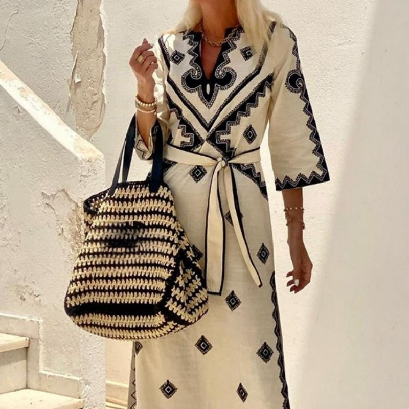Boho-Kleid mit V-Ausschnitt und Gürtel für Damen mit ethnischem geometrischem Druck