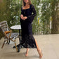 Spitzenkleid mit Trompetenärmel, Schlitzsaum und Taillenschnitt