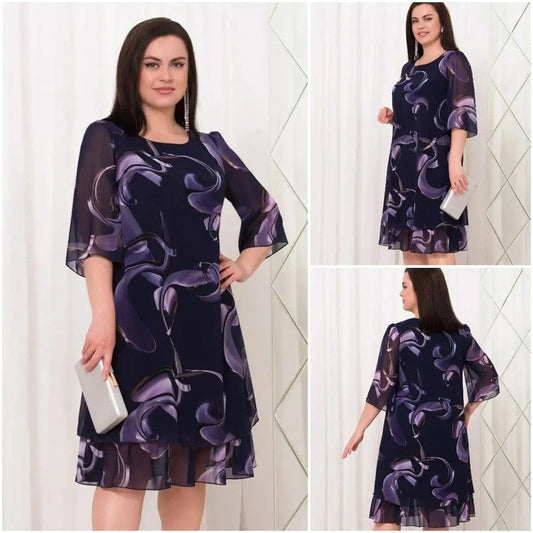 💕[S-5XL]👗2024 Neue geraffte Ärmel Elegante gedruckte Chiffonkleider