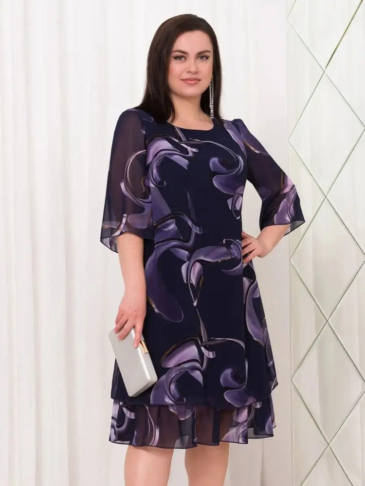 💕[S-5XL]👗2024 Neue geraffte Ärmel Elegante gedruckte Chiffonkleider