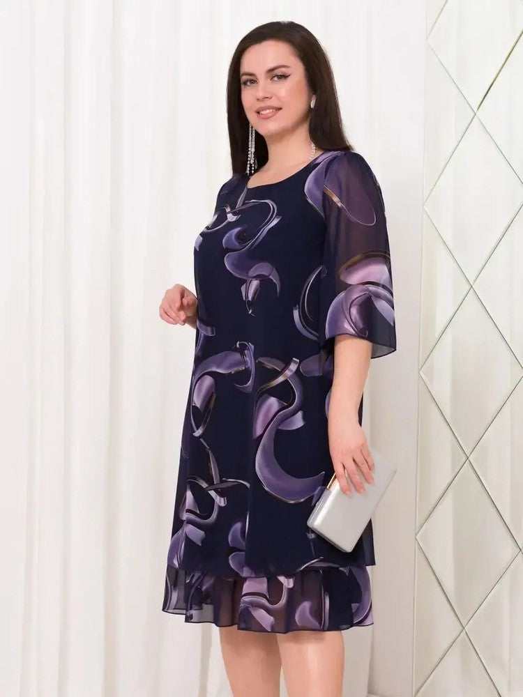 💕[S-5XL]👗2024 Neue geraffte Ärmel Elegante gedruckte Chiffonkleider