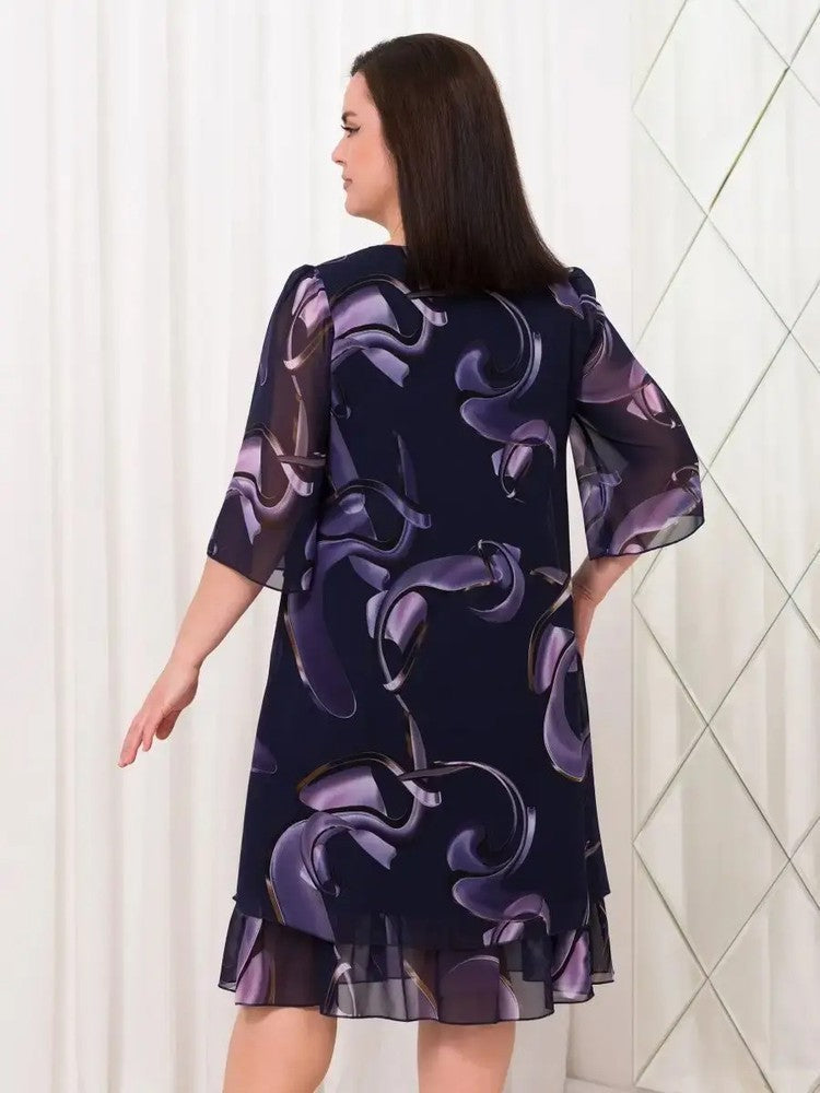 💕[S-5XL]👗2024 Neue geraffte Ärmel Elegante gedruckte Chiffonkleider