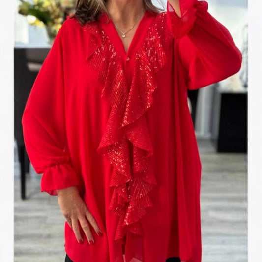 Damen Pailletten Chiffonbluse mit V-Ausschnitt und langen Ärmeln