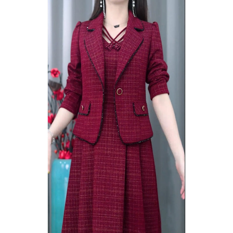 Damen Modischer Blazer und Ärmelloses Kleid 2-teiliges Set