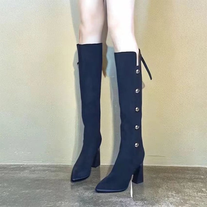 Spitze Spitze Klotzige Ferse Warme Lange Stiefel