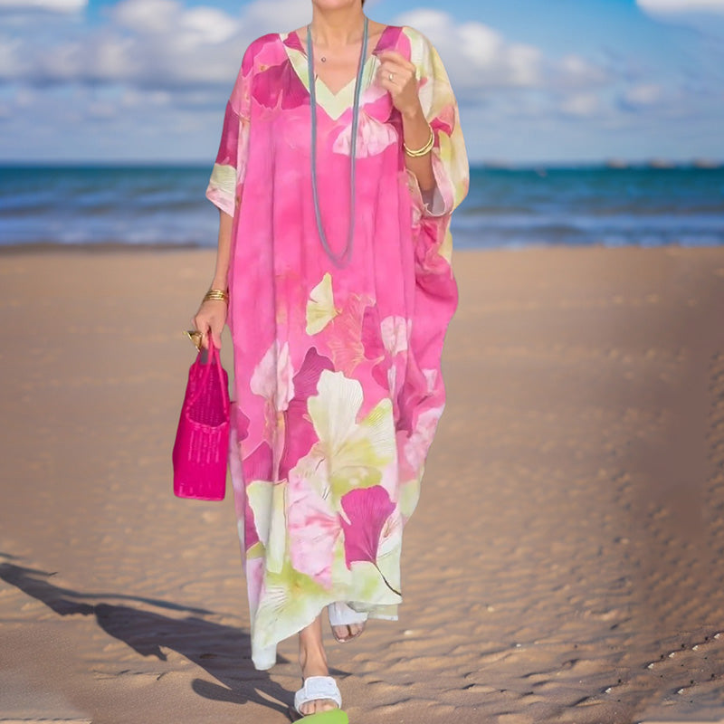 Lockeres langes Kleid mit Blumenmuster und halben Ärmeln