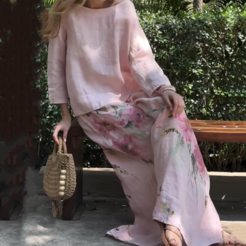 🌸🔥 Einfarbige Oberteile und Hosen mit weitem Bein und Blumenmuster