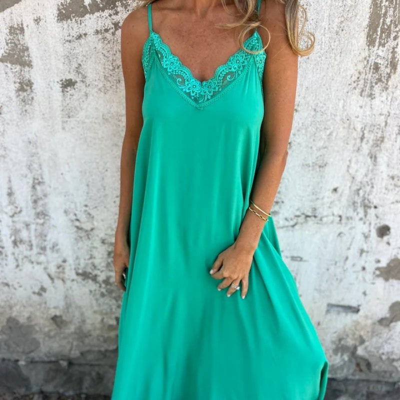 Elegantes Maxikleid mit V-Ausschnitt und Spaghettiträgern und Spitzenbesatz für Damen