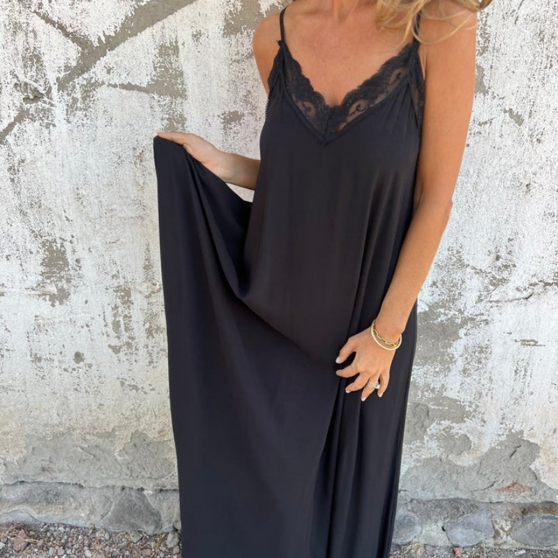 Elegantes Maxikleid mit V-Ausschnitt und Spaghettiträgern und Spitzenbesatz für Damen
