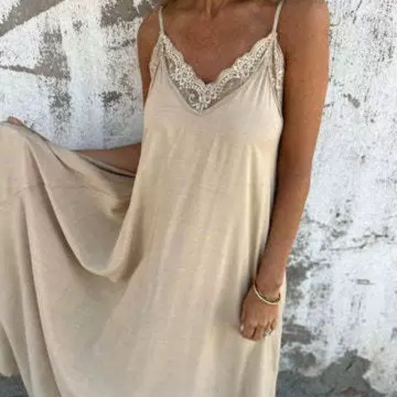 Elegantes Maxikleid mit V-Ausschnitt und Spaghettiträgern und Spitzenbesatz für Damen