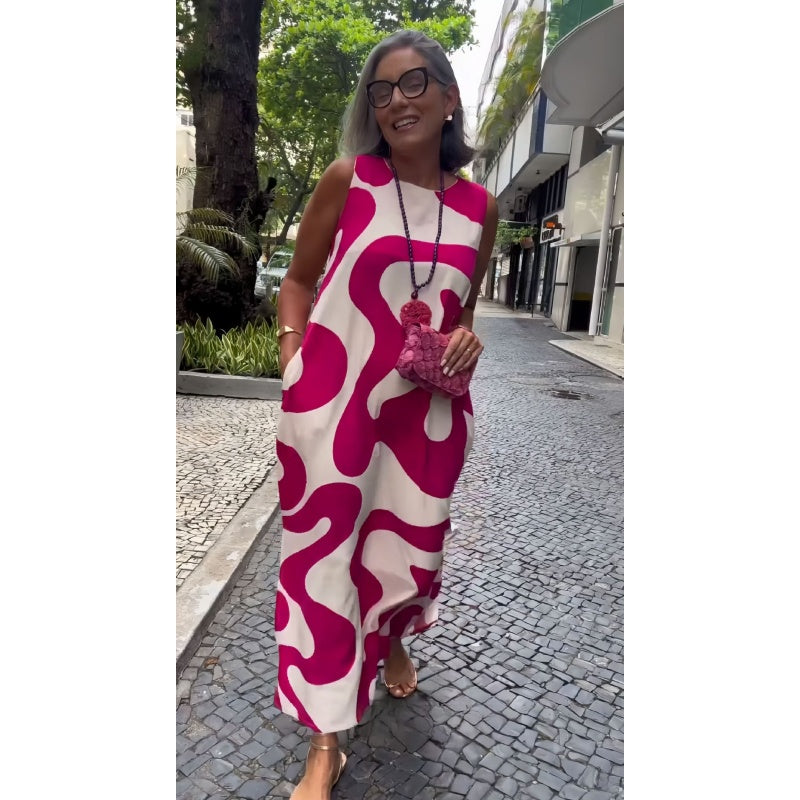 Lässiges und modisches ärmelloses Kleid mit Rundhalsausschnitt und Druck
