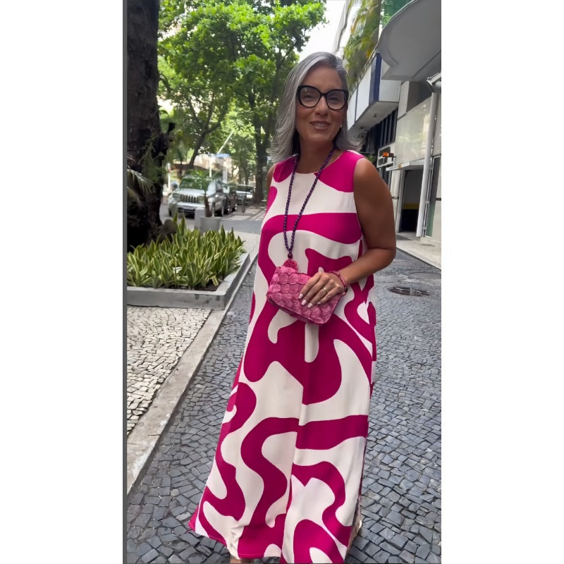Lässiges und modisches ärmelloses Kleid mit Rundhalsausschnitt und Druck