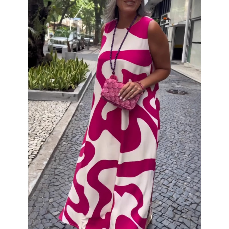 Lässiges und modisches ärmelloses Kleid mit Rundhalsausschnitt und Druck