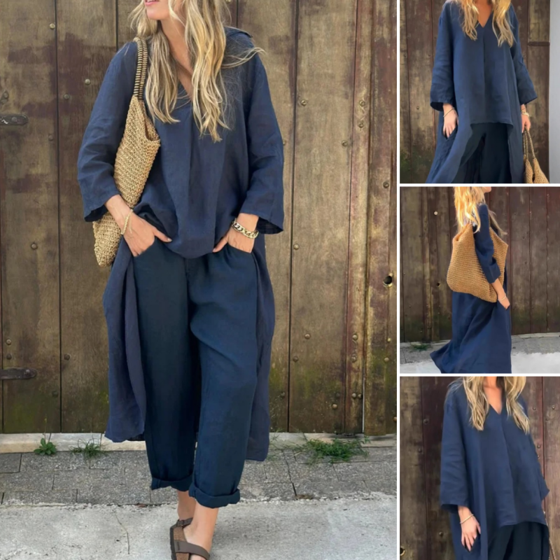 Sommerliches, lockeres Damen 2-teiliges Set: Oberteil mit Tasche und V-Ausschnitt & passende Hose